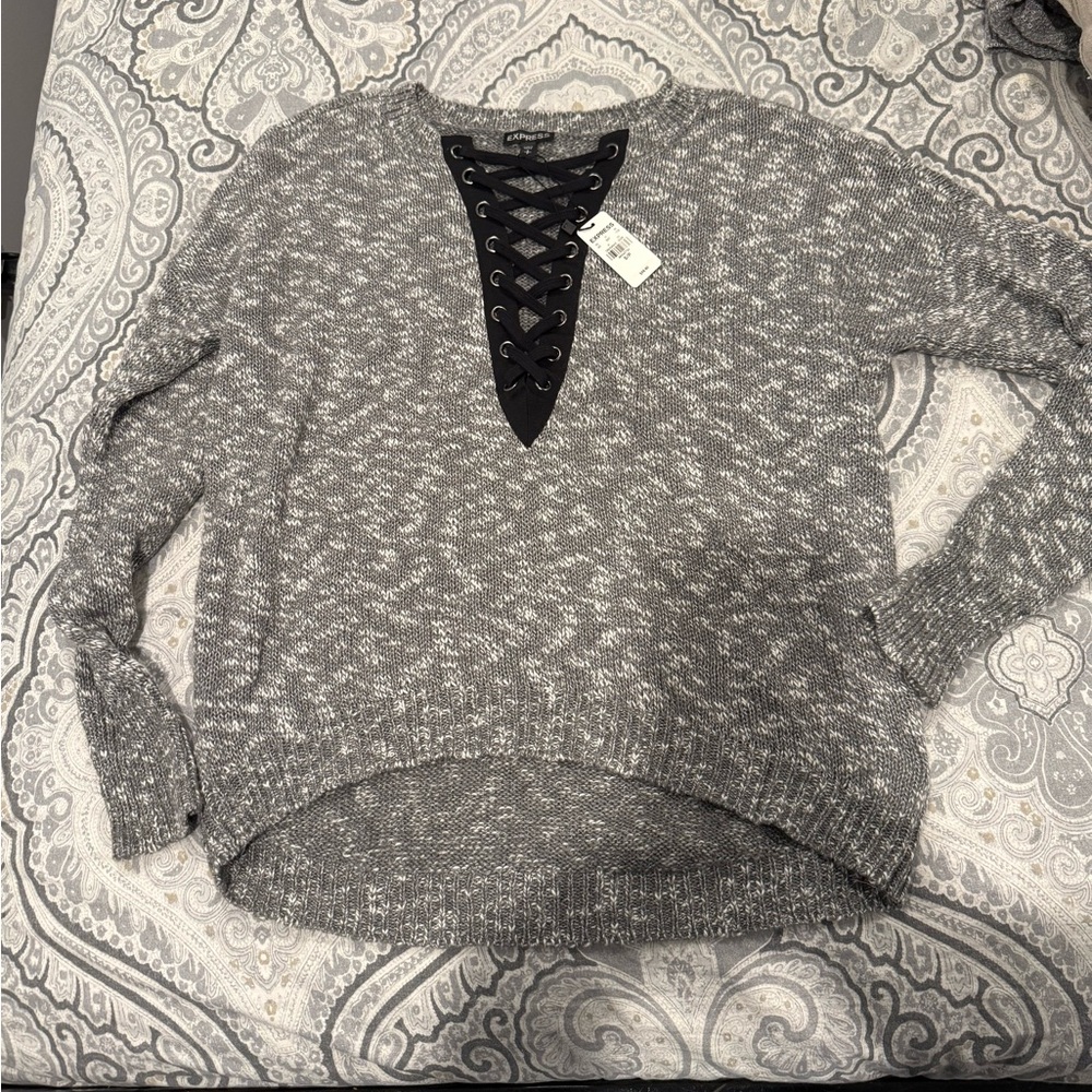 Express Gray V-Neck Sweater with Lace-Up Detail